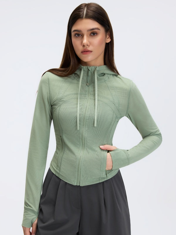 Flexvibe Mesh Breathable Hooded Sports Jacket, Slim Fit Yoga Running Fitness Coat For Women
