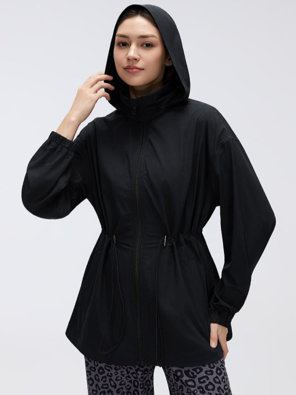 Flexvibe Women's Mid-Long Slim Fit Jacket, Loose Windproof Stand Collar Hooded Casual Sports Long Sleeve Top