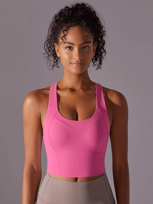 Flexvibe sports bra side view for daily movement, with seamless and cross back for yoga, gym, commute, and daily