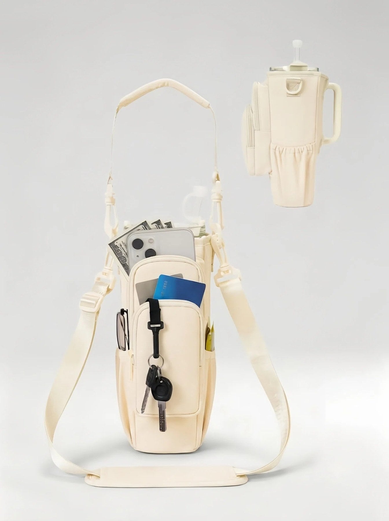 Flexvibe Multi-Pocket Water Bottle Crossbody Bag | Insulated Tumbler Carrier for Women - Ivory