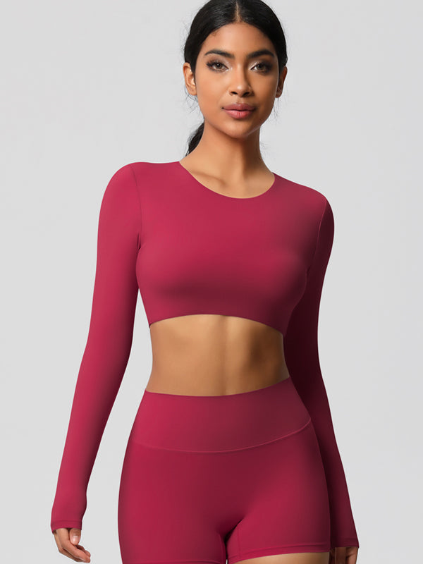 Flexvibe Double-Sided Brushed Cropped Sports Top - High Elastic Skin-Friendly Breathable Long Sleeve