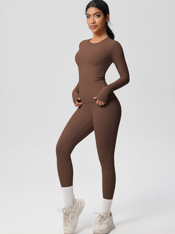 Flexvibe Stretchy High-Waisted Yoga Set - Double Brushed Long-Sleeve Versatile Athletic Wear
