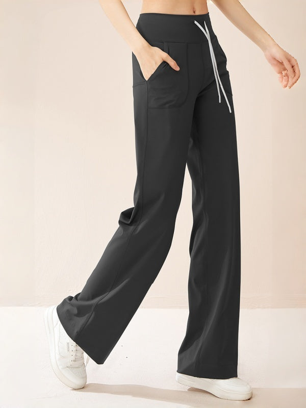 Flexvibe Drawstring High-Waisted Pants - Stretchy Straight-Wide Leg Tummy Control