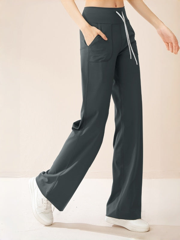 Flexvibe Drawstring High-Waisted Pants - Stretchy Straight-Wide Leg Tummy Control