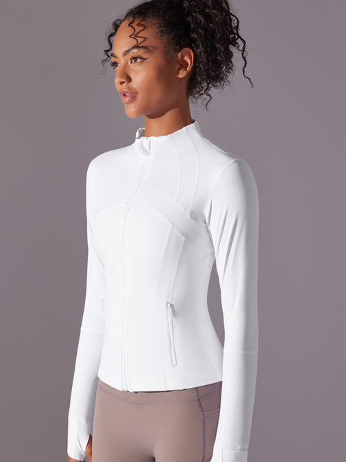 Flexvibe workout jacket side view for gym-to-street, with 4-way stretch and soft stretch
