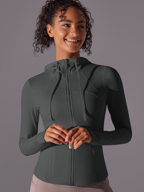 Flexvibe workout jacket side view for gym-to-street, with side pockets and soft stretch