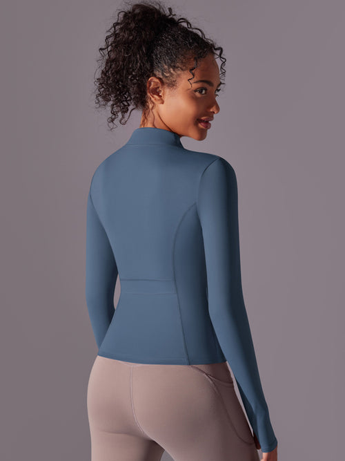 Flexvibe workout jacket side view for gym-to-street, with soft stretch and gym-to-street