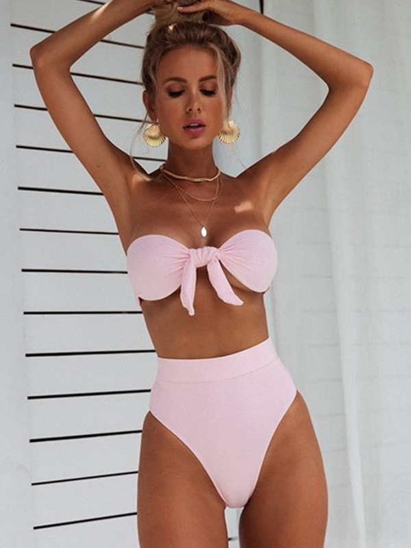 Flexvibe High-Waisted Ribbed Bandeau Bikini - Removable Pads Slimming Vacation Suit