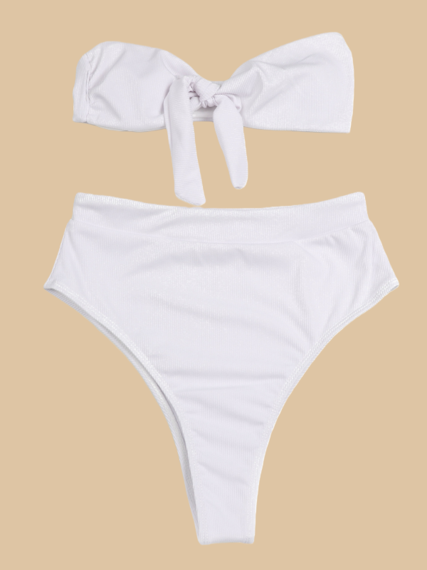 Flexvibe High-Waisted Ribbed Bandeau Bikini - Removable Pads Slimming Vacation Suit