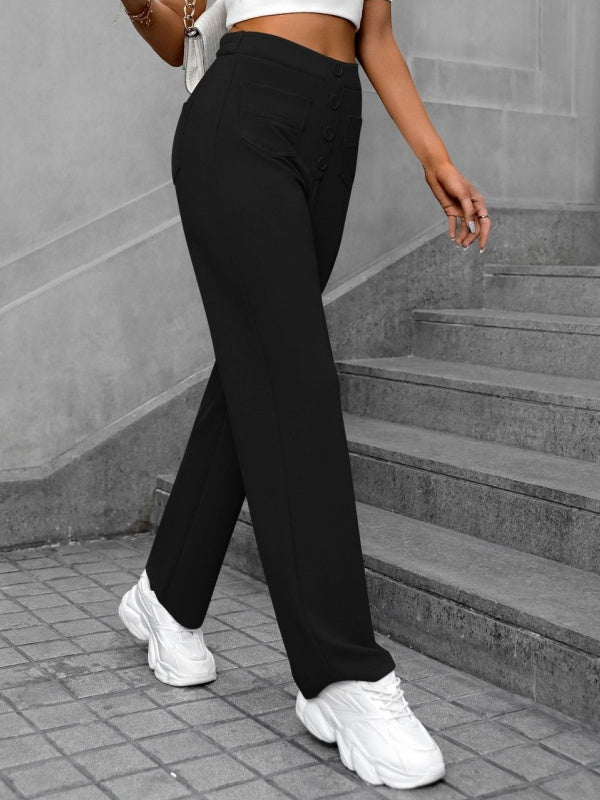 Flexvibe High-Waisted Straight-Leg Wide-Leg Pants - Button Embellished Loose Casual Trousers