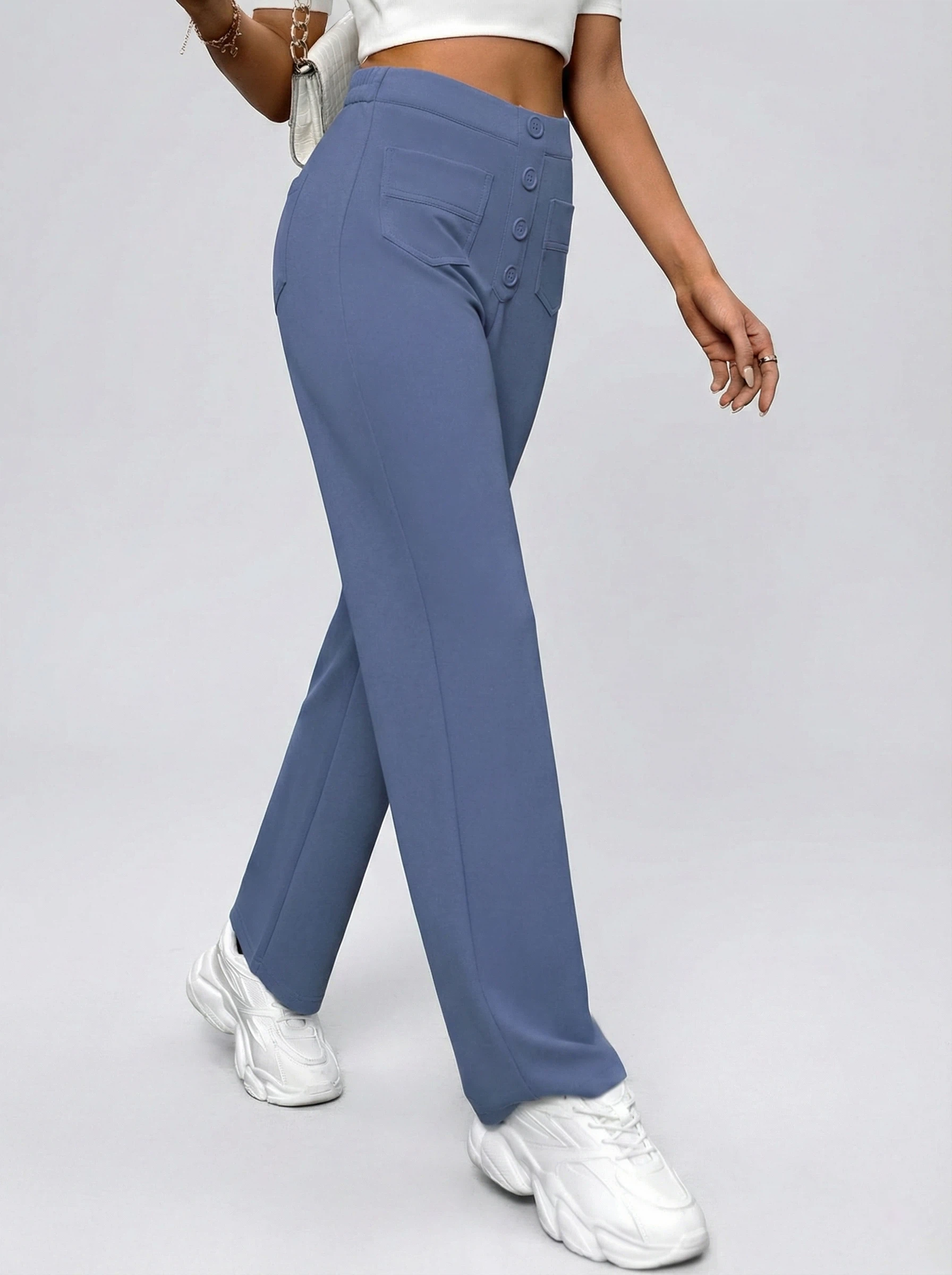 Flexvibe High-Waisted Straight-Leg Wide-Leg Pants - Button Embellished Loose Casual Trousers