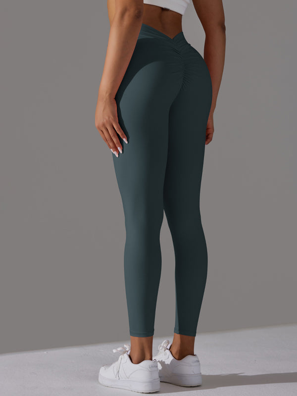 Flexvibe V-Waist Ruffled Yoga Capris - High Waisted Butt Lifting Tummy Control Solid Color