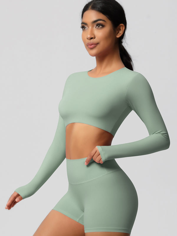 Flexvibe Double-Sided Brushed Cropped Sports Top - High Elastic Skin-Friendly Breathable Long Sleeve