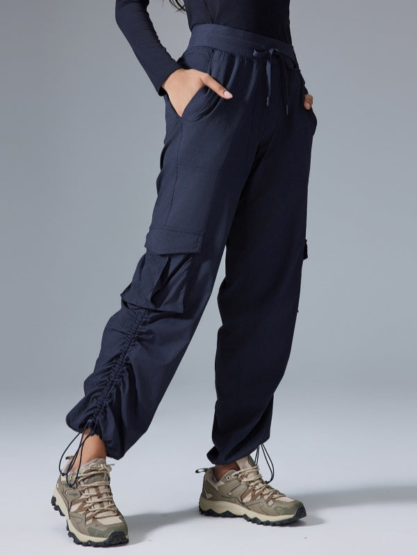 Flexvibe High Waisted Straight Leg Cargo Pants - Drawstring Waist Flip-Top Pockets 4-Way Stretch