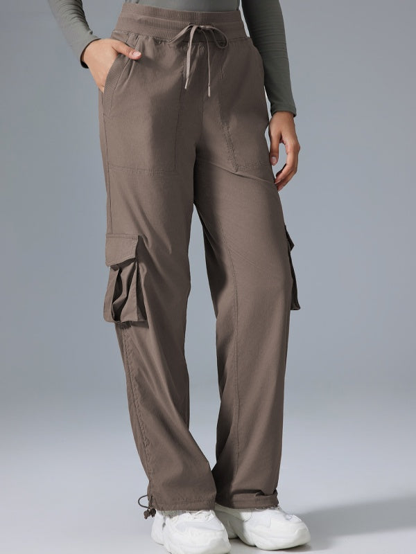 Flexvibe High Waisted Straight Leg Cargo Pants - Drawstring Waist Flip-Top Pockets 4-Way Stretch