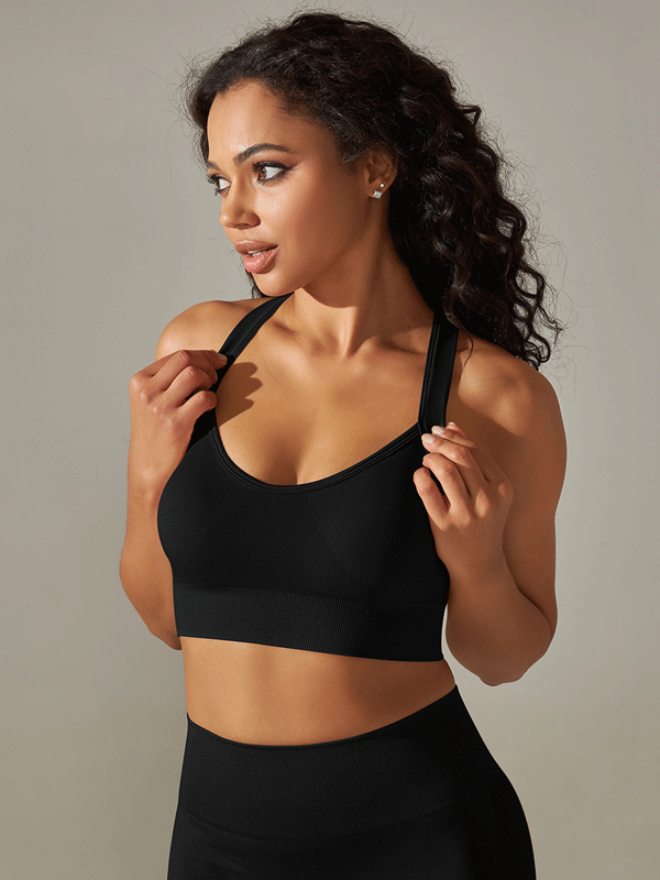 Flexvibe Seamless Knit Sports Bra Crisscross Back High Elastic Removable Pads