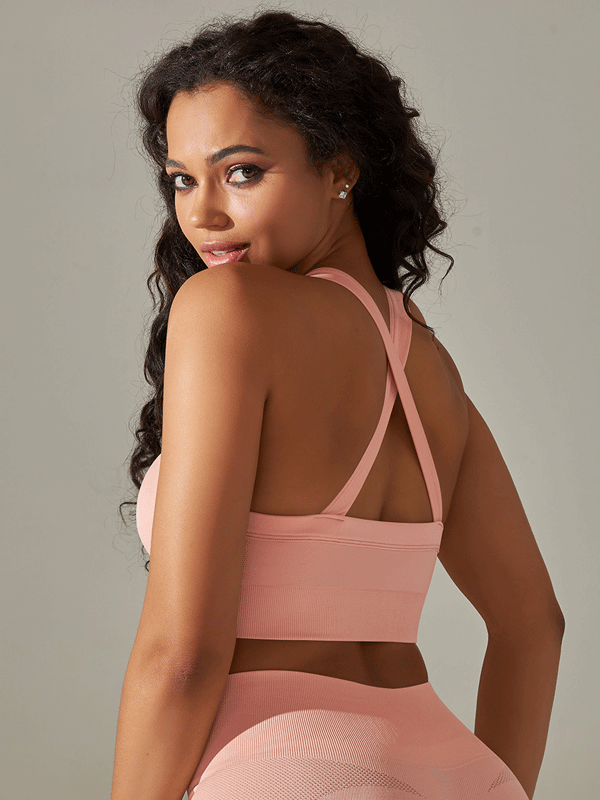 Flexvibe Seamless Knit Sports Bra Crisscross Back High Elastic Removable Pads