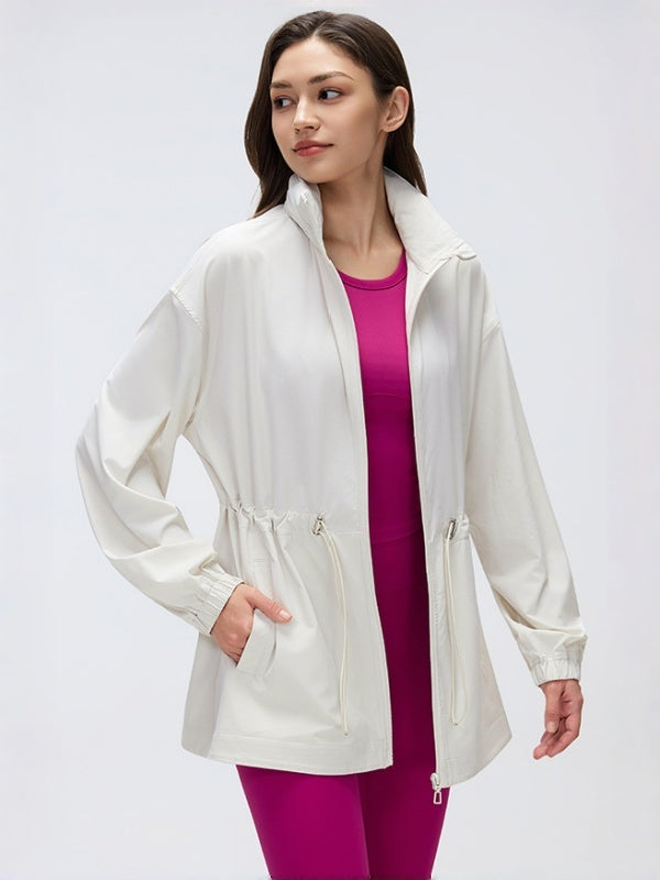 Flexvibe Women's Mid-Long Slim Fit Jacket, Loose Windproof Stand Collar Hooded Casual Sports Long Sleeve Top