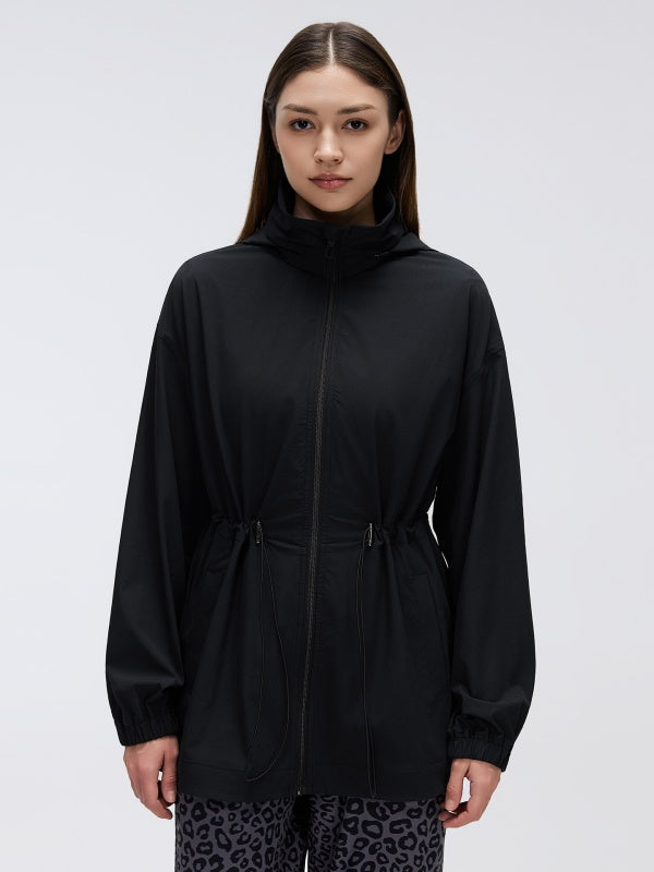 Flexvibe Women's Mid-Long Slim Fit Jacket, Loose Windproof Stand Collar Hooded Casual Sports Long Sleeve Top
