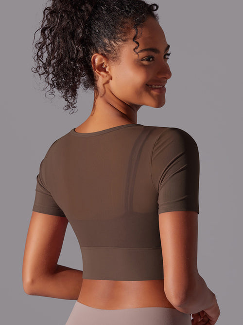 Flexvibe Color-Block Mesh Sports Top - Double-Layer High Elastic Sweat-Wicking Short Sleeve