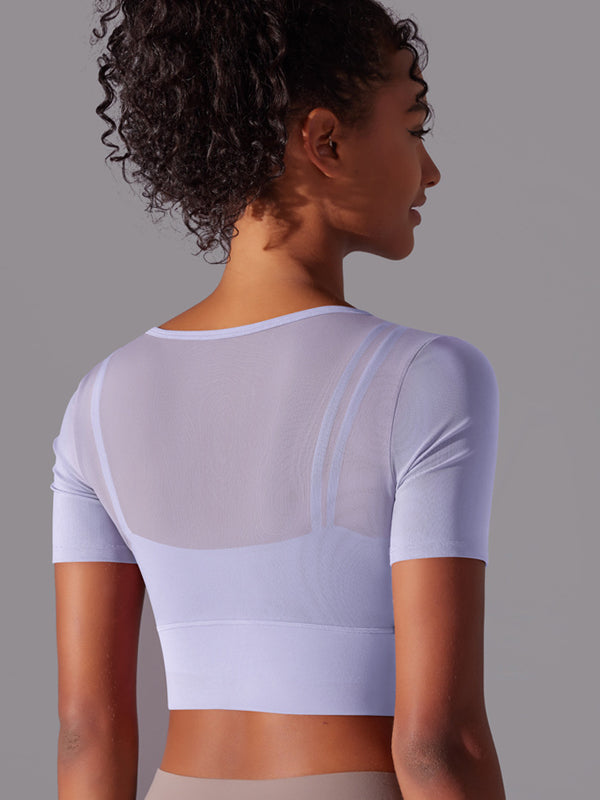 Flexvibe Color-Block Mesh Sports Top - Double-Layer High Elastic Sweat-Wicking Short Sleeve