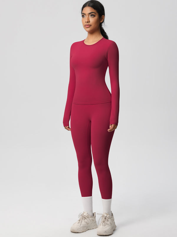 Flexvibe Stretchy High-Waisted Yoga Set - Double Brushed Long-Sleeve Versatile Athletic Wear