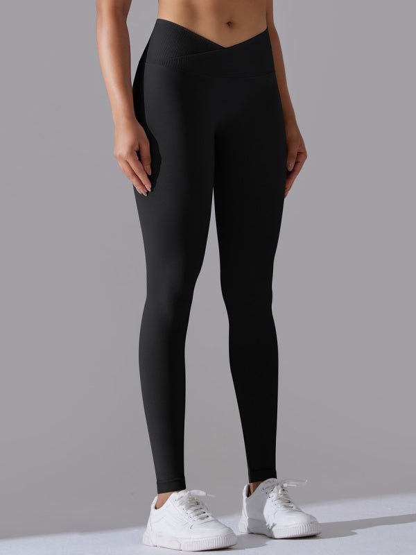Flexvibe High Waisted Crisscross Waist Yoga Leggings - Seamless Knit Butt Lifting Solid Color