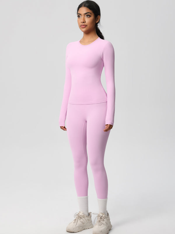 Flexvibe Stretchy High-Waisted Yoga Set - Double Brushed Long-Sleeve Versatile Athletic Wear