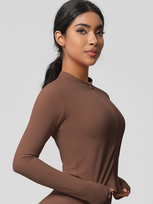 Flexvibe workout jacket side view for gym-to-street, with buttery soft and soft stretch