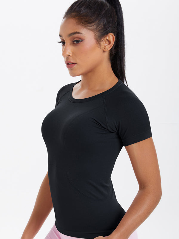 Flexvibe Women’s Gym Daily Wear Tee - Solid Color Seamless Knitted High Elastic