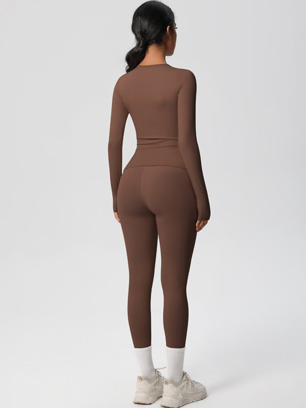 Flexvibe Stretchy High-Waisted Yoga Set - Double Brushed Long-Sleeve Versatile Athletic Wear