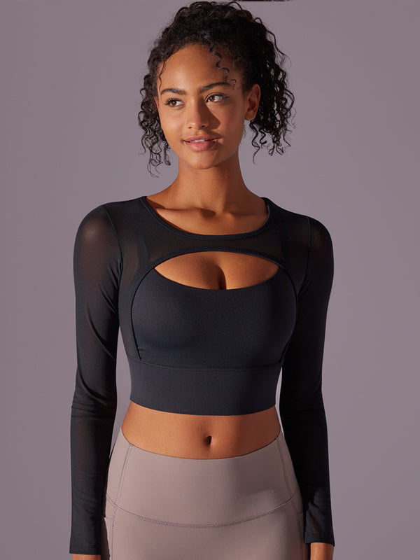 Flexvibe Mesh Semi-Transparent Paneled Sports Top - Tight Fitting Stretchy Breathable Long Sleeve