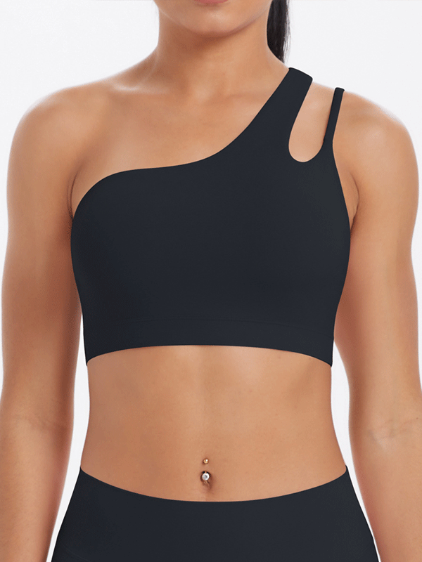 Flexvibe One Shoulder Sports Bra Removable Pads Brushed Nylon High Elastic