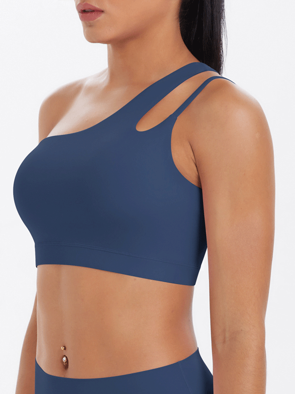 Flexvibe One Shoulder Sports Bra Removable Pads Brushed Nylon High Elastic