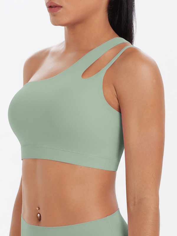 Flexvibe One Shoulder Sports Bra Removable Pads Brushed Nylon High Elastic