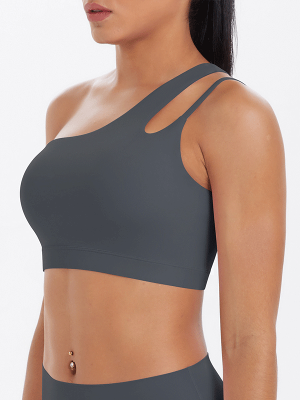 Flexvibe One Shoulder Sports Bra Removable Pads Brushed Nylon High Elastic