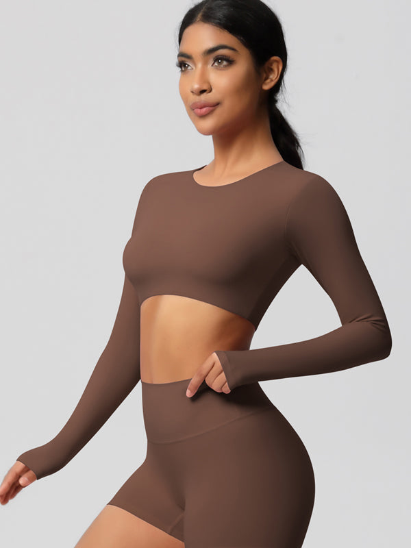 Flexvibe Double-Sided Brushed Cropped Sports Top - High Elastic Skin-Friendly Breathable Long Sleeve
