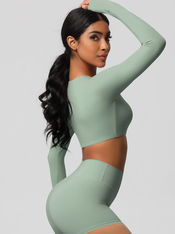 Flexvibe Double-Sided Brushed Cropped Sports Top - High Elastic Skin-Friendly Breathable Long Sleeve