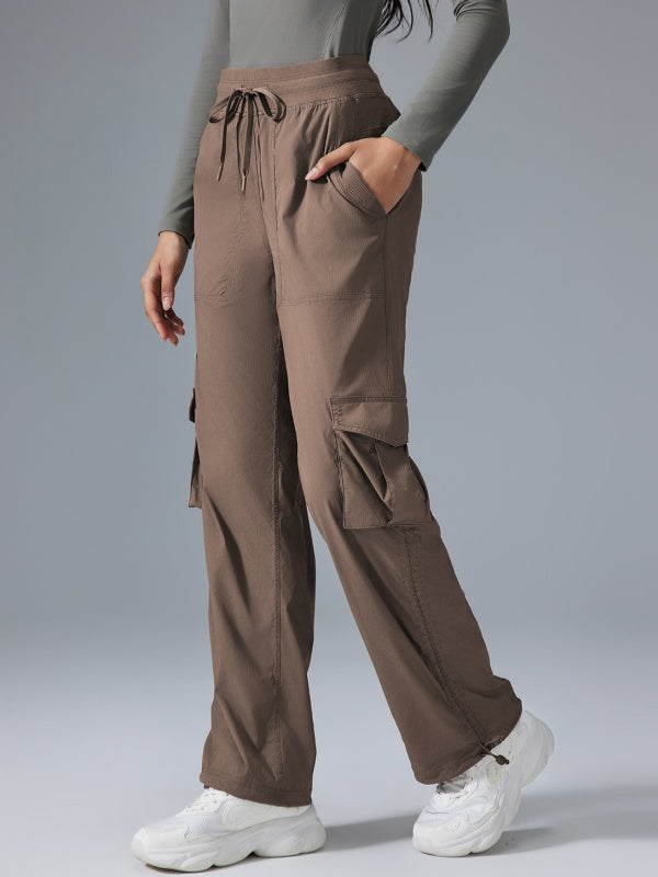Flexvibe High Waisted Straight Leg Cargo Pants - Drawstring Waist Flip-Top Pockets 4-Way Stretch