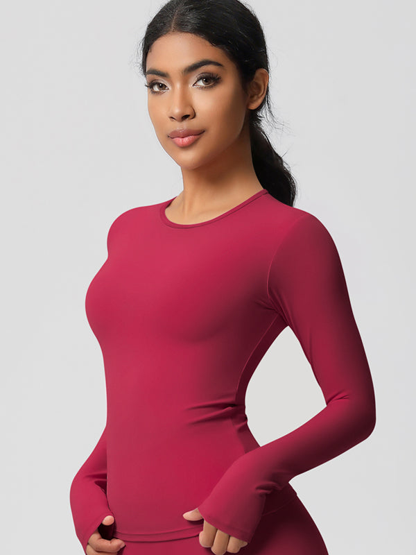 Flexvibe Double-Sided Brushed Sports Top - Tight Fit Moisture-Wicking Solid Color Long Sleeve