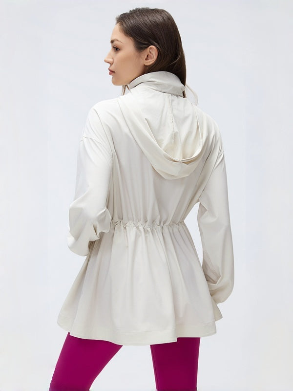 Flexvibe Women's Mid-Long Slim Fit Jacket, Loose Windproof Stand Collar Hooded Casual Sports Long Sleeve Top