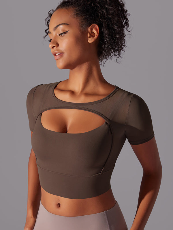 Flexvibe Color-Block Mesh Sports Top - Double-Layer High Elastic Sweat-Wicking Short Sleeve