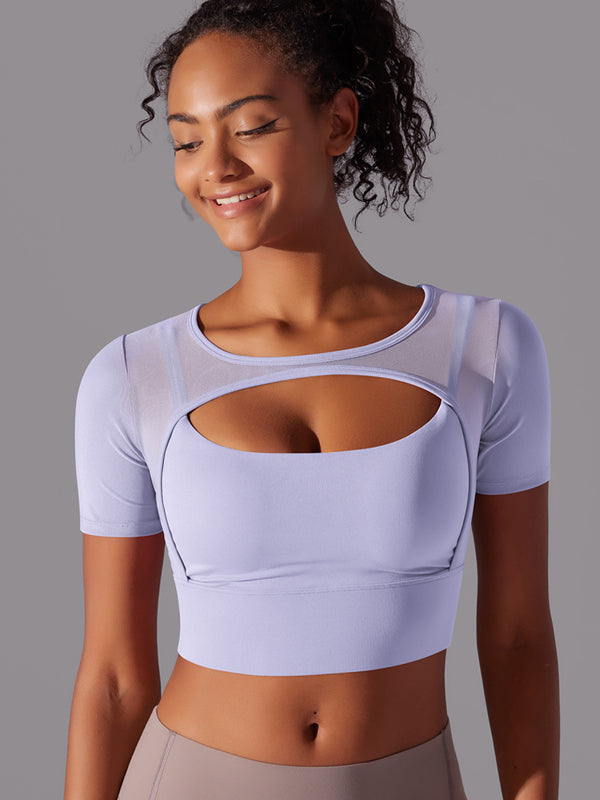 Flexvibe Color-Block Mesh Sports Top - Double-Layer High Elastic Sweat-Wicking Short Sleeve