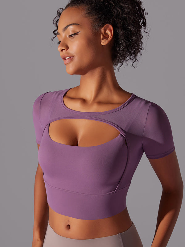 Flexvibe Color-Block Mesh Sports Top - Double-Layer High Elastic Sweat-Wicking Short Sleeve