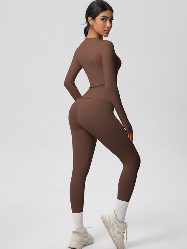 Flexvibe Stretchy High-Waisted Yoga Set - Double Brushed Long-Sleeve Versatile Athletic Wear