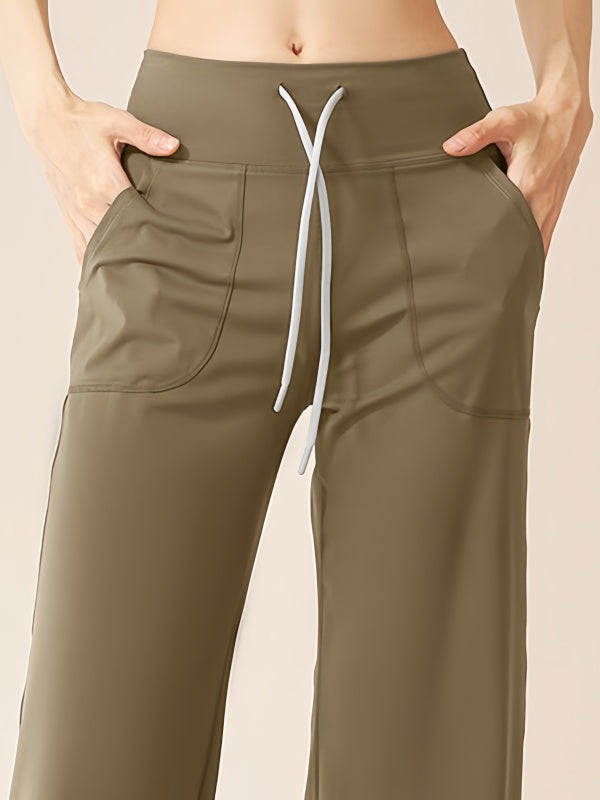 Flexvibe Drawstring High-Waisted Pants - Stretchy Straight-Wide Leg Tummy Control
