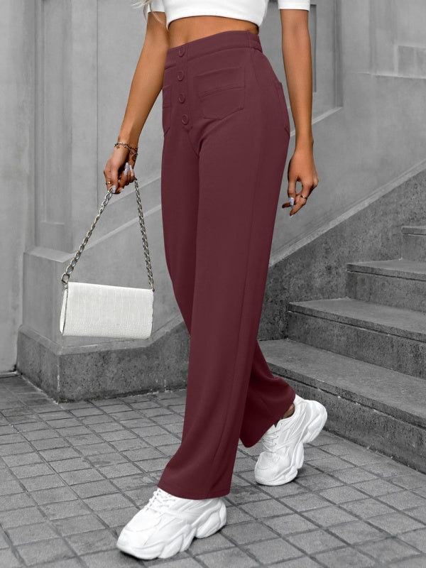 Flexvibe High-Waisted Straight-Leg Wide-Leg Pants - Button Embellished Loose Casual Trousers