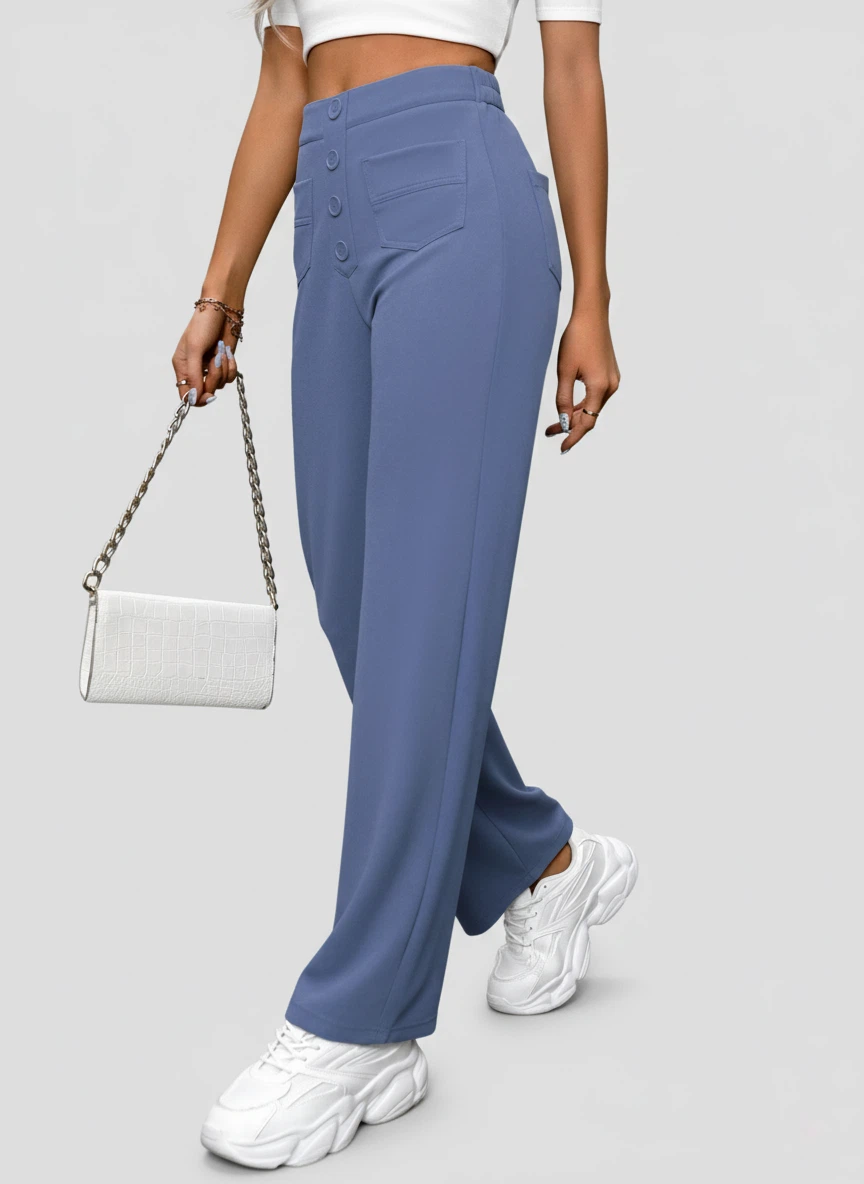 Flexvibe High-Waisted Straight-Leg Wide-Leg Pants - Button Embellished Loose Casual Trousers