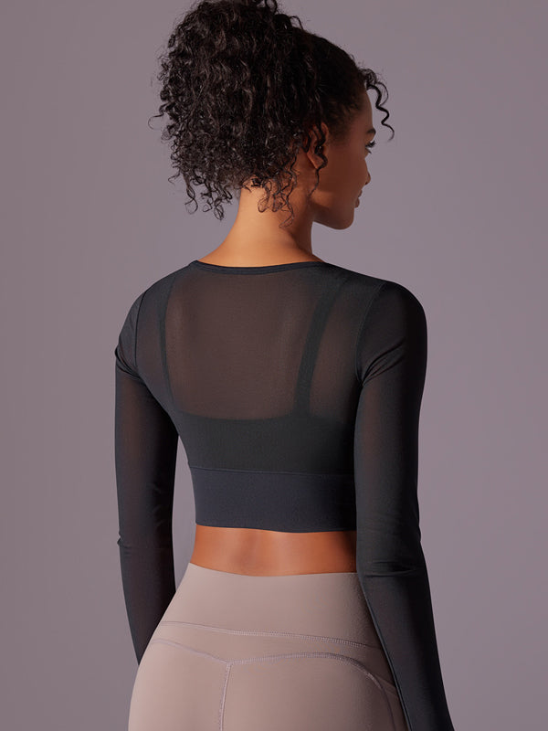 Flexvibe Mesh Semi-Transparent Paneled Sports Top - Tight Fitting Stretchy Breathable Long Sleeve