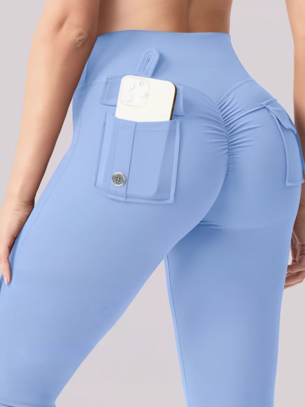 High-Waisted Cargo Flare Yoga Pants - Sculpting Tummy Control Fitness Leggings